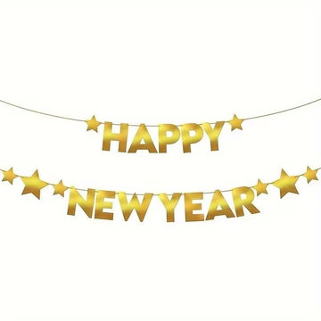 Golden Happy New Year Banner – Paper Party Decoration, 6 Ft Festive Hanging with Golden Stars & Happy New Year Letters, Easy Adhesive Hanging Strips, Durable Indoor Outdoor Celebration Décor