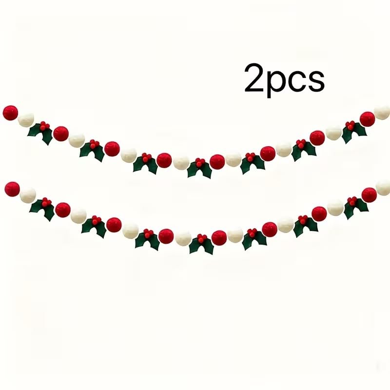 2 pcs Felt Holly Berry Garland with Red Berries & White Pompoms