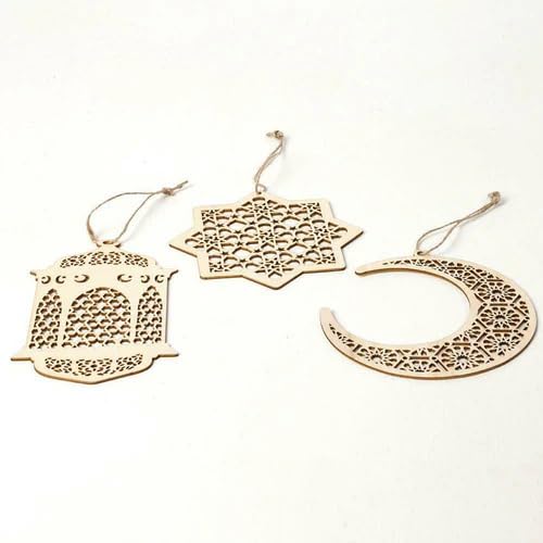 Haoser 3pcs Wood Unfinished Lantern Octagram Star Moon Pendants DIY Eid Mubarak Hanging