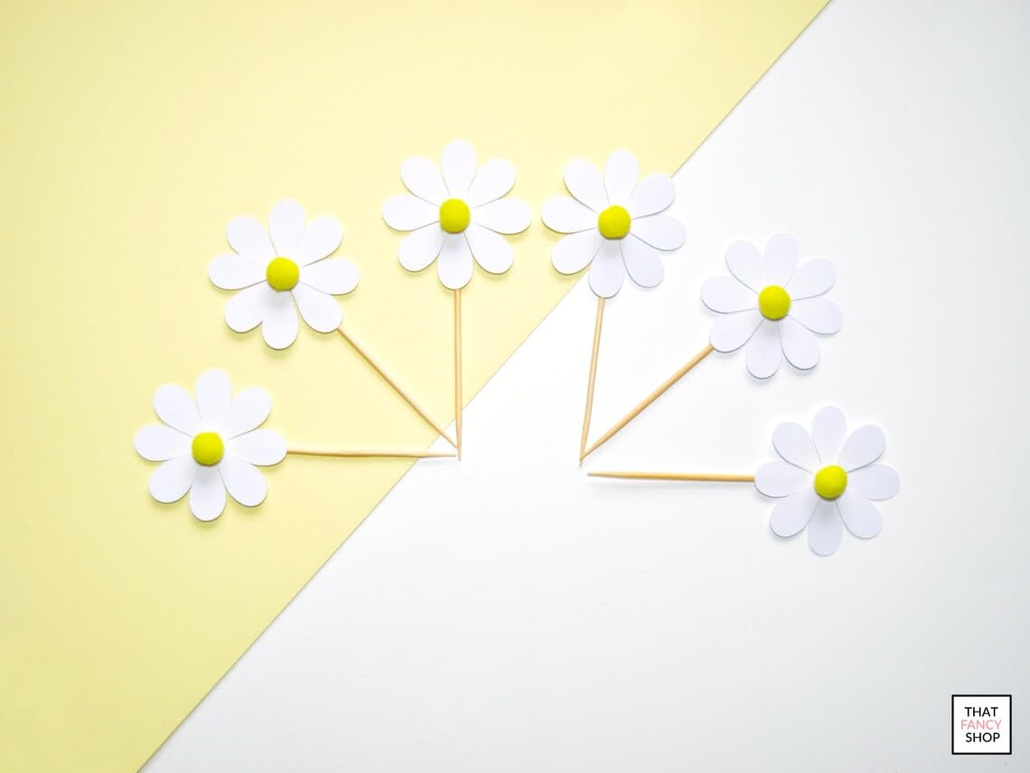 Pack of 6 Daisy Cupcake Toppers | 2 Inch Flower Cake Decoration | Pine MDF Mini Topper | Floral Daisy Theme | Baby Shower, Boho Party, Cupcake Decor