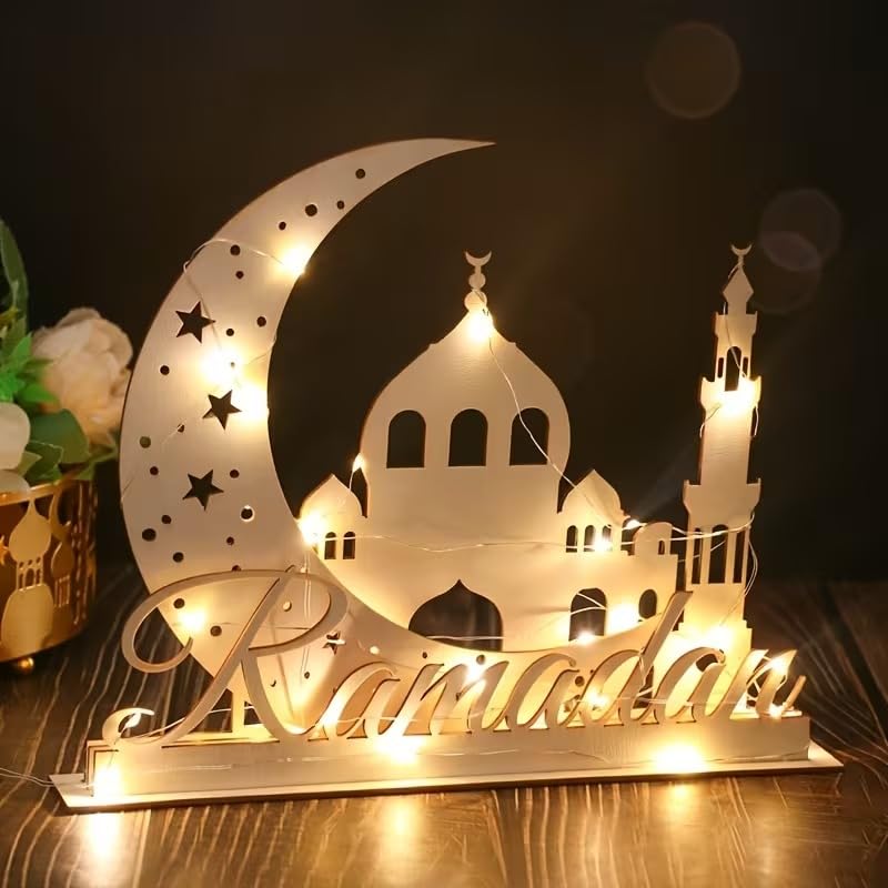 Ramadan Wooden Decorative Sign – Moon Castle 3D MDF Tabletop Ornament