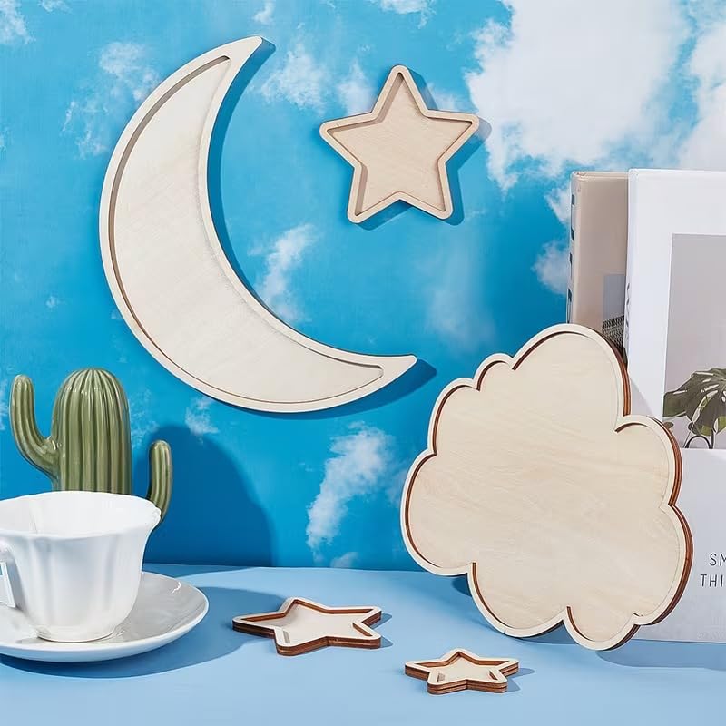 5 Set Unfinished Pine MDF Moon & Stars Wooden Cutouts Set for DIY Arts & Crafts