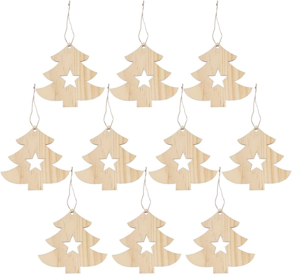 Haoser 10 PCS Hanging Wooden Christmas Tree Ornaments – Unfinished Tree & Star Cutouts for DIY Crafts and Holiday Decor