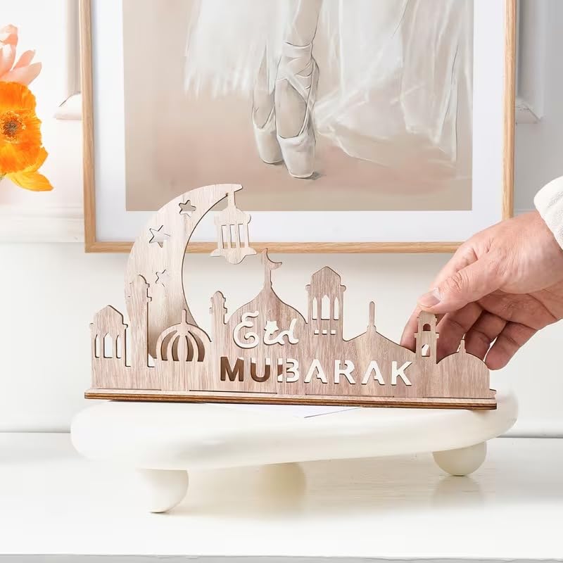 Wooden Moon Castle Table Decor with Star Cutouts | 3D Islamic Ramadan & Eid Mubarak