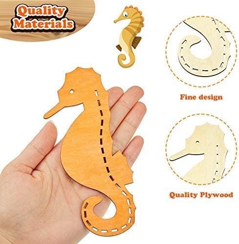 Haoser Unfinished Wood Cutouts Ocean Animals Wooden Paint Crafts for Kids Home Decor Ornament DIY Craft Art Project, Octopus, Shark, Whale, Dolphin, Seahorse, Fish Shape (Pack of 14) - Haoser