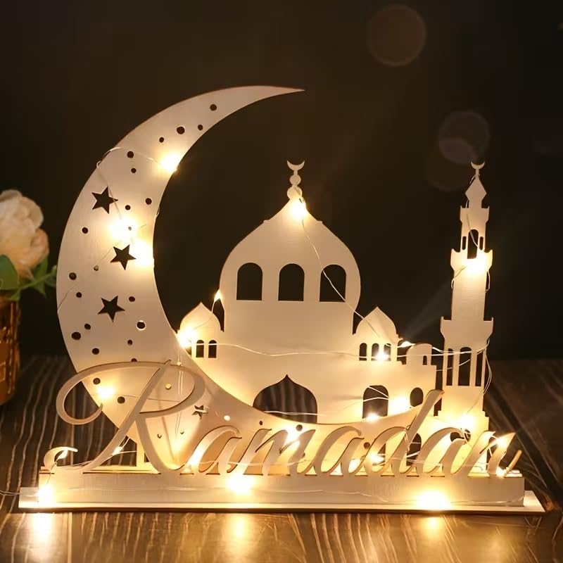 Ramadan Wooden Decorative Sign – Moon Castle 3D MDF Tabletop Ornament