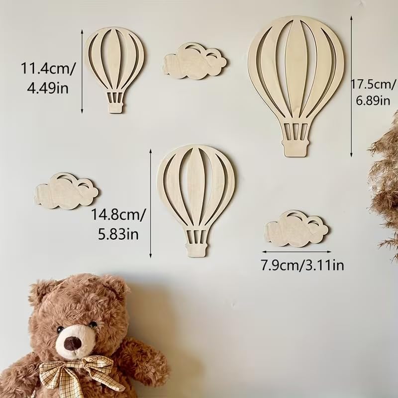 6 Pcs Hot Air Balloon Wooden Wall Decor Set | Pine MDF Nursery Wall Stickers | Balloon & Cloud Wooden Wall Art for Kids Room
