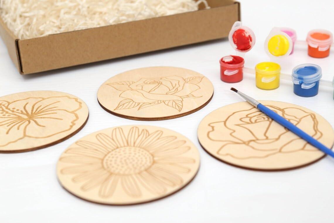 Haoser Wooden Flower Painting kit, Wooden Coaster Paint Kits for Adults Kids, DIY Kit for Birthday Gift, Wooden Mandala Painting Kit | Tea Coasters Art and Craft Kit for Kid Coaster DIY Kit Set - Haoser