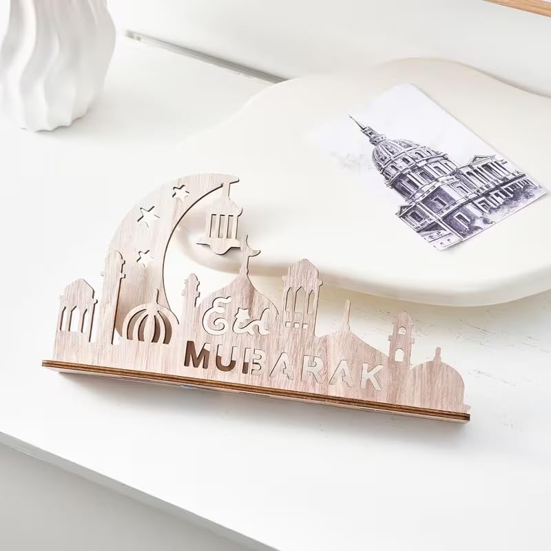 Wooden Moon Castle Table Decor with Star Cutouts | 3D Islamic Ramadan & Eid Mubarak