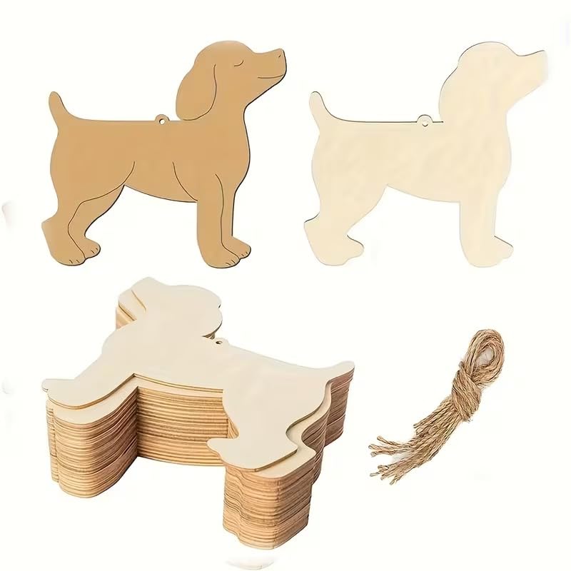 10 Pcs Wooden Dog Cutouts for Crafts | Unfinished Wood Puppy Shapes with Hanging Strings