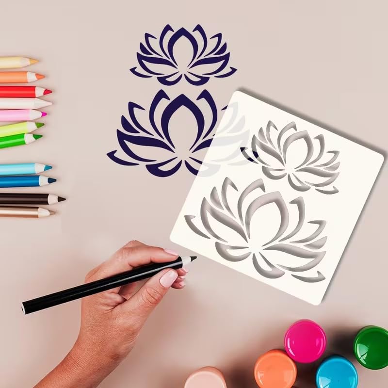 Lotus Stencil Template 6x6 Inch | Oriental Floral Lotus Design | DIY Craft Hollow Board for Painting