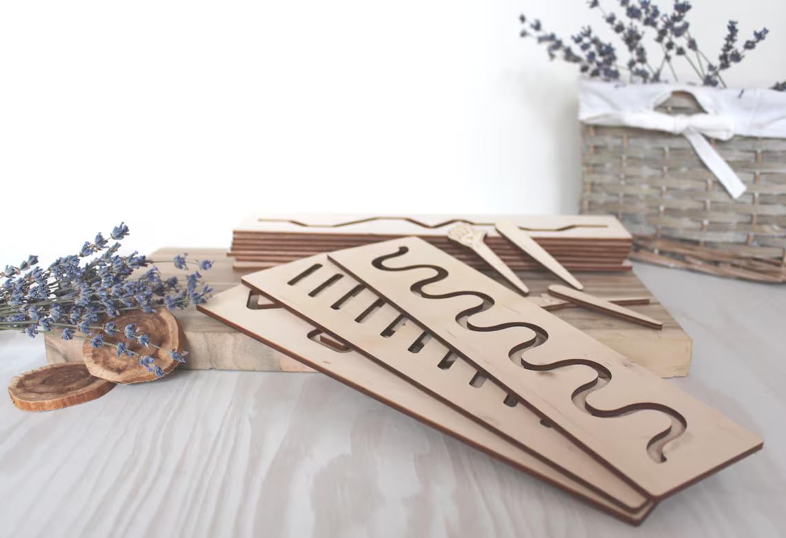 Set of 10 Wooden Stencils for Kids – Montessori Tracing Boards, Prewriting Learning Tool for Homeschool & Preschool – Natural Pine MDF Toys, Size 10.2 x 3.15 Inch