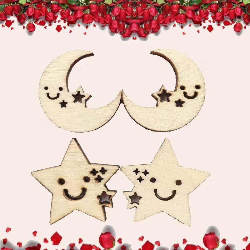 Pack of 30 Wooden Stars & Moon Craft Pieces | Pine MDF Artificial Celestial Cutouts for Wedding, Party & Home Decoration | Eid Decoration Ornaments | 1.5 Inch (15 Pieces Each)