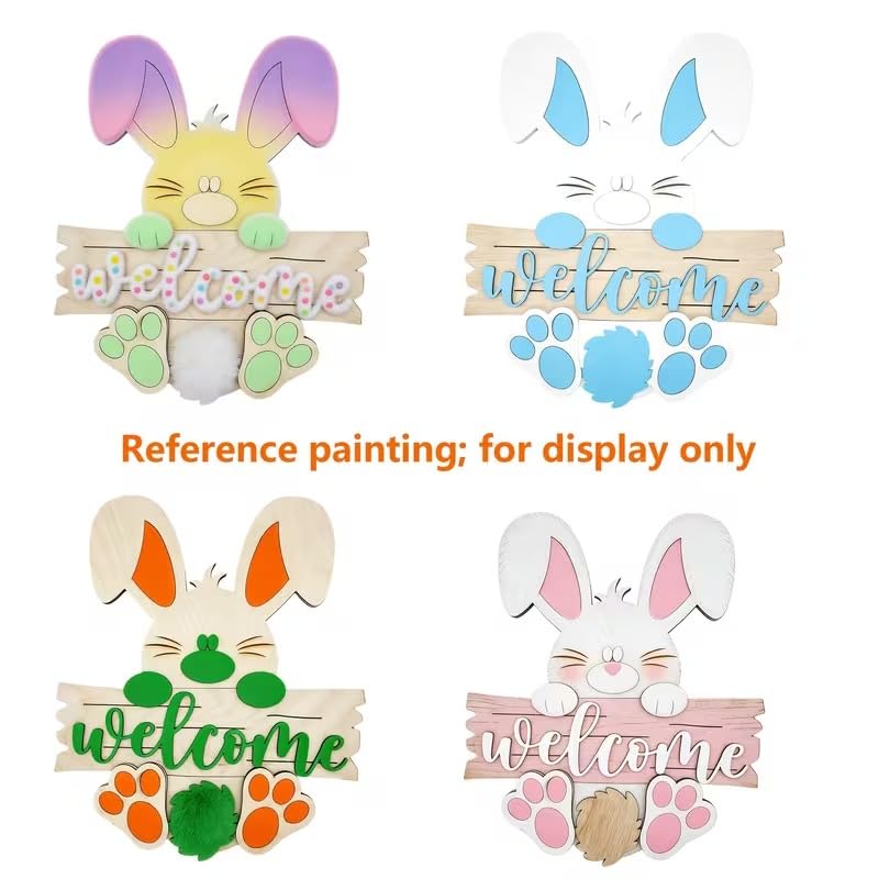 Easter Bunny Welcome Sign DIY Wooden Craft Kit – 8x6.8 Inch Unfinished Wood Painting Decor