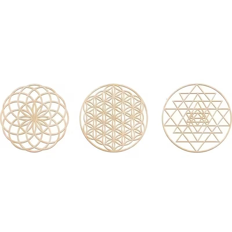 3 Pcs Boho Geometric Wooden Wall Decor | Life Flower, Metatron Cube & Sri Yantra