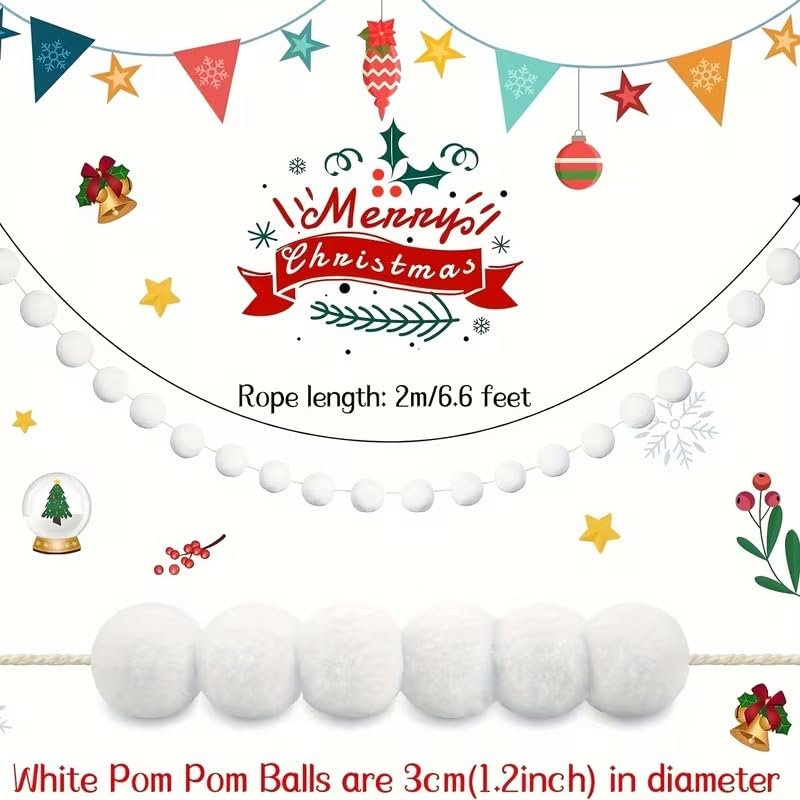 White Pom Pom Garland Adjustable Hanging Wreath – 6.6 ft / 2m