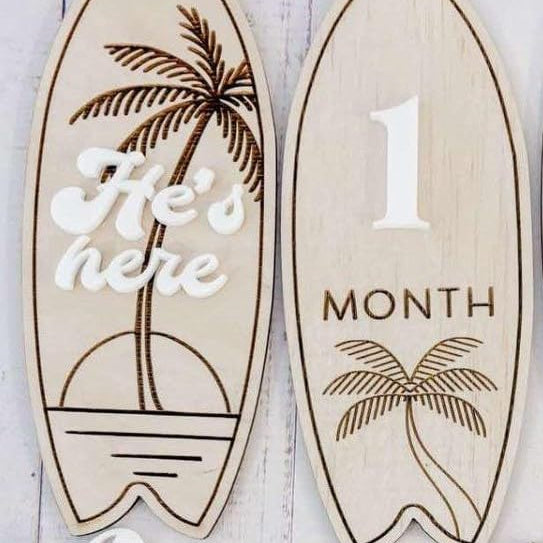 Baby Milestone Cards – Wooden Monthly Milestone 2 Discs with 11 Interchangeable Numbers, Minimalist Surfboard Baby Photo Props for Newborn Photography, 4 Inch
