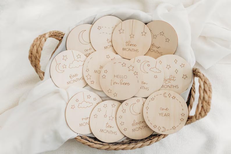 Haoser Baby Milestone Discs | Wooden Milestone Discs, Moon milestones, New Baby Announcement, Baby Shower Gift, Baby Monthly milestones