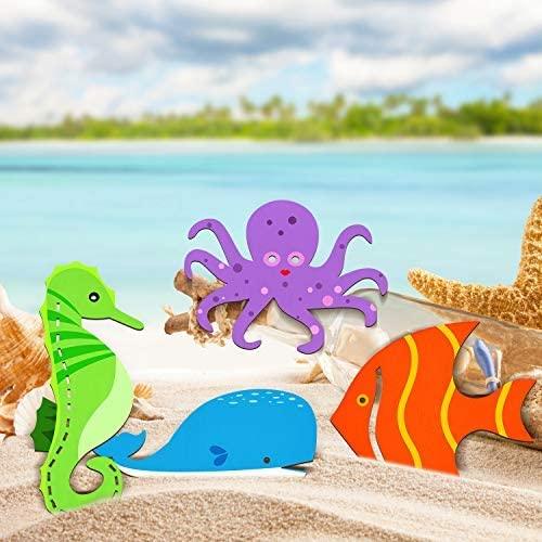 Haoser Unfinished Wood Cutouts Ocean Animals Wooden Paint Crafts for Kids Home Decor Ornament DIY Craft Art Project, Octopus, Shark, Whale, Dolphin, Seahorse, Fish Shape (Pack of 14) - Haoser