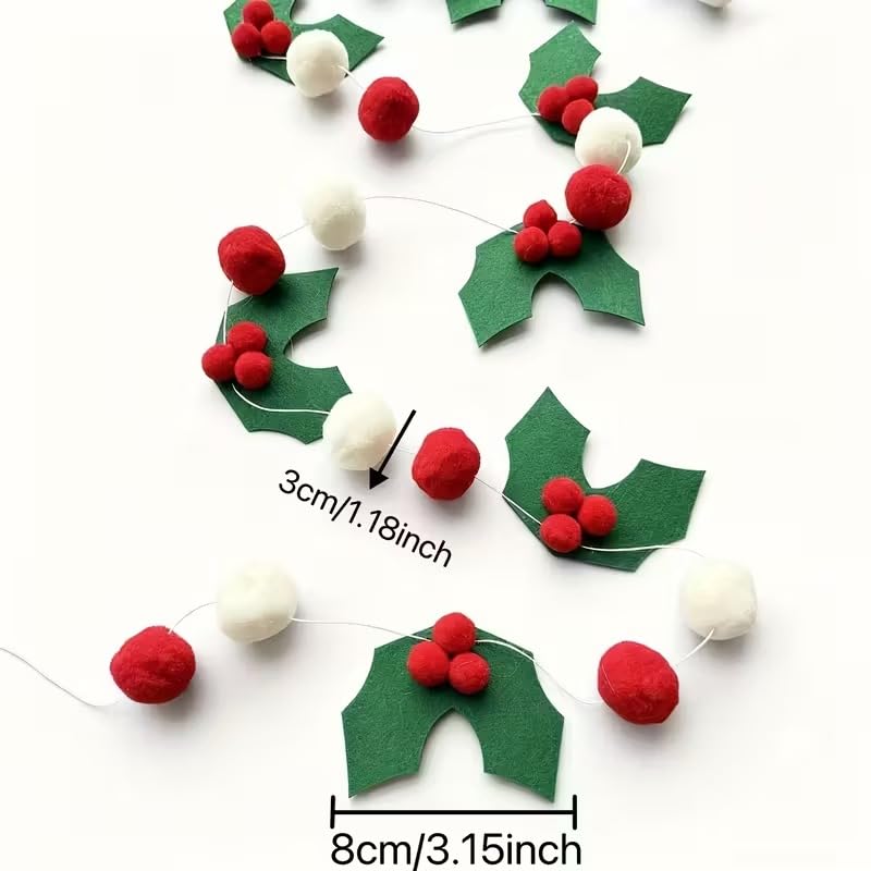 2 pcs Felt Holly Berry Garland with Red Berries & White Pompoms