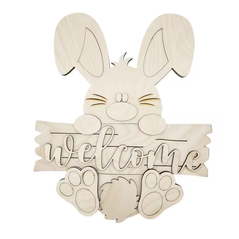 Easter Bunny Welcome Sign DIY Wooden Craft Kit – 8x6.8 Inch Unfinished Wood Painting Decor