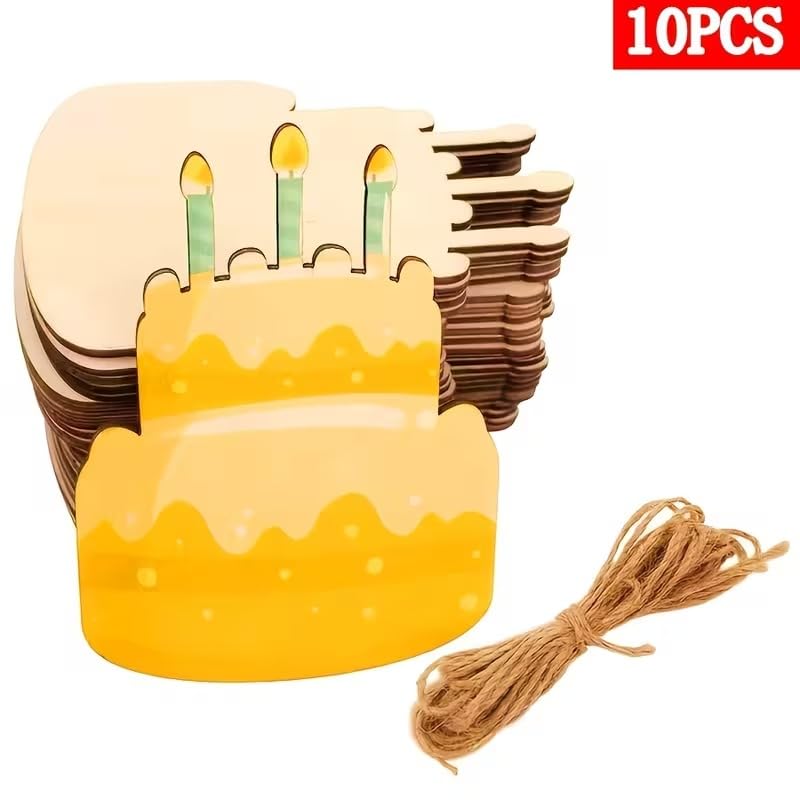 10 Pcs Pine MDF Wooden Birthday Cake Shape Decorations for DIY Painting & Graffiti Art, Hanging Birthday Wedding Party Ornaments for Christmas, New Year & Family Gatherings, 4 x 2.7 Inch
