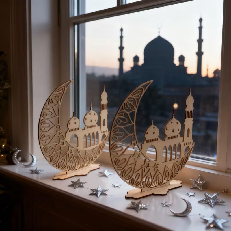 Ramadan Moon Wooden Ornament | Islamic Star & Moon Desktop Decor | Eid Mubarak Home Decoration