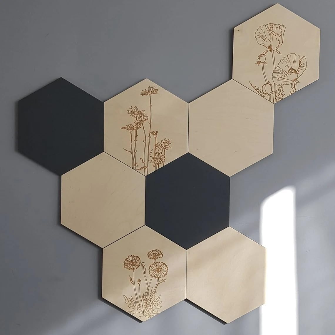 Pack of 8 Wooden Hexagon Wall Decor Set | Modern Geometric Wall Art Panels | Floral MDF Wall Hanging | Minimalist Wall Tiles for Home, Office, Living Room | Size 7.4x8.66 inch,