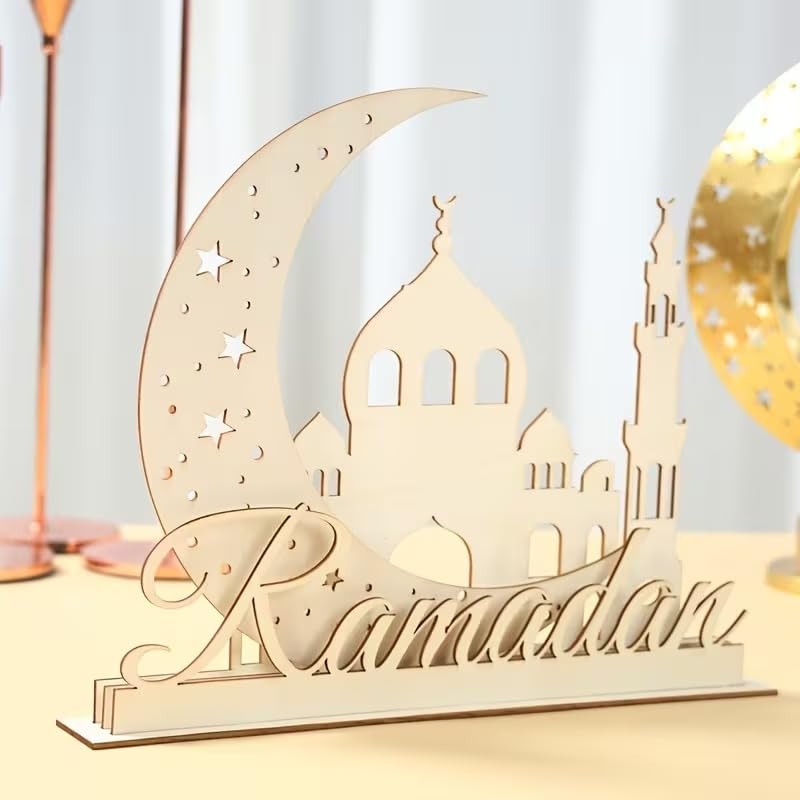 Ramadan Wooden Decorative Sign – Moon Castle 3D MDF Tabletop Ornament
