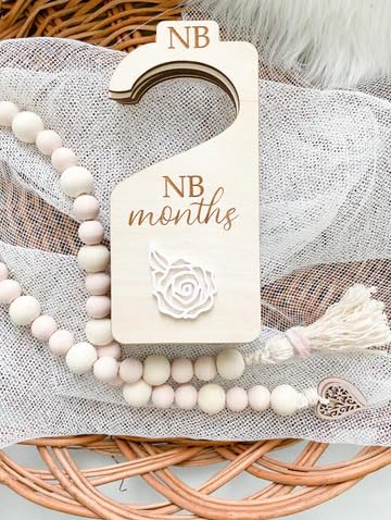 5 Pcs Wooden Baby Closet Dividers Hangers for Clothes - Floral Engraved Wardrobe Size Organizers for Newborn to 12 Months - Nursery Room Decor for Baby Girls & Boys - 6 Inch MDF Tags