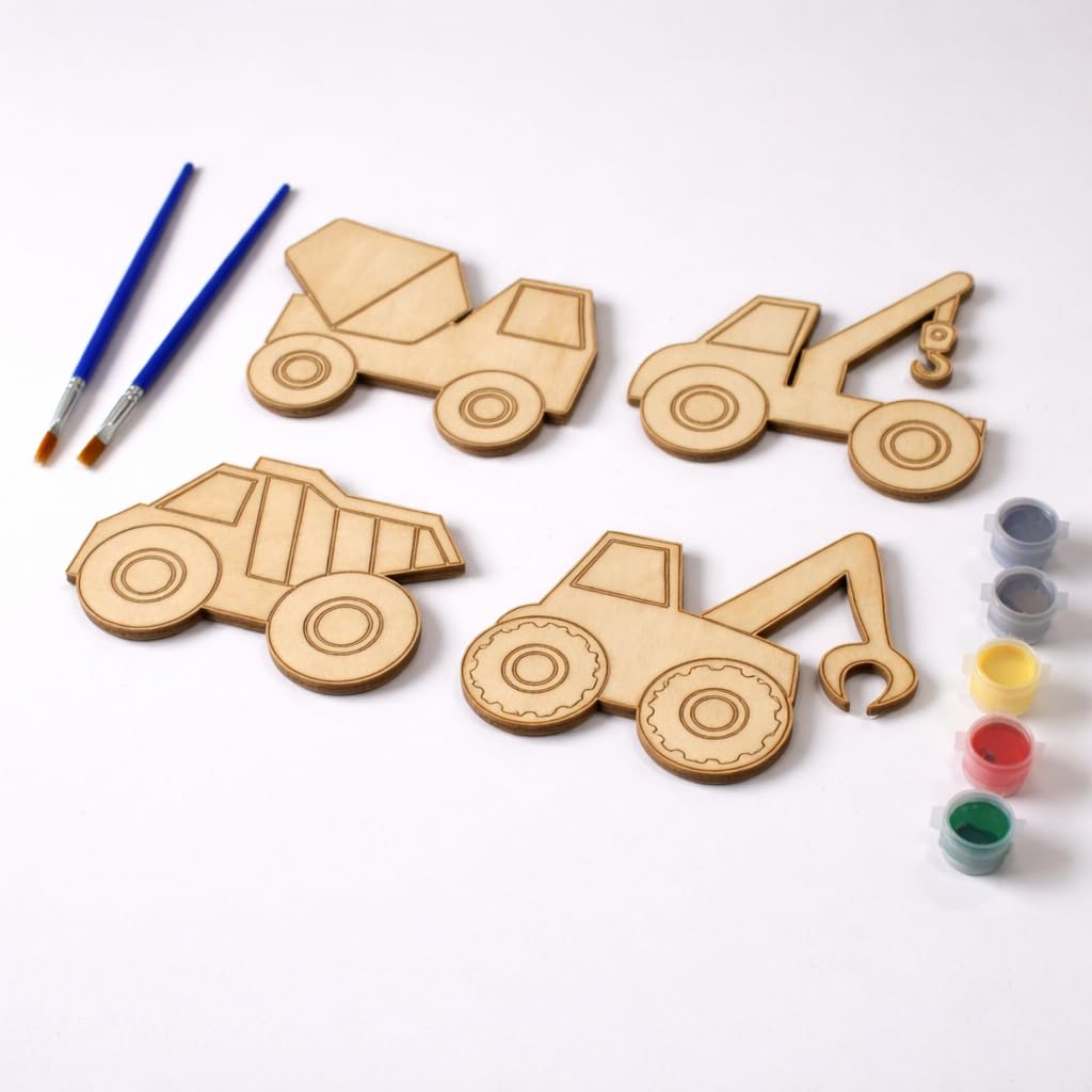 4 Pcs DIY Wooden Painting Kit for Kids | Construction Vehicle Set – Truck, Crane, Dumper & Excavator