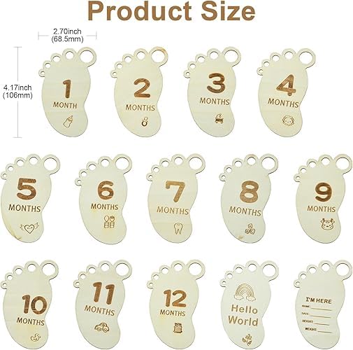 14 Pcs Wooden Baby Monthly Milestone Markers – Footprint Shaped Newborn Photo Prop