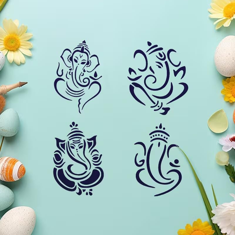 4 Pcs Plastic Ganesha Stencils for DIY Crafts | Traditional Indian Belief Templates | Home Decor, Wall Art, Fabric, Wood