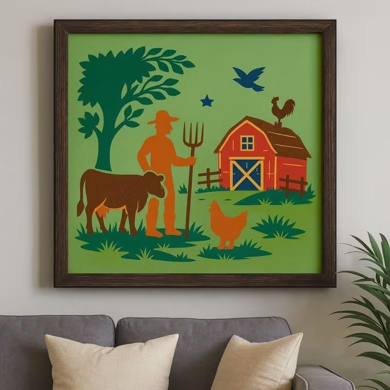 Rustic Farm Life Wall Painting Stencil 11.8 Inch | Reusable Craft Stencil | Farmer Cow Barn Template for Wall Art