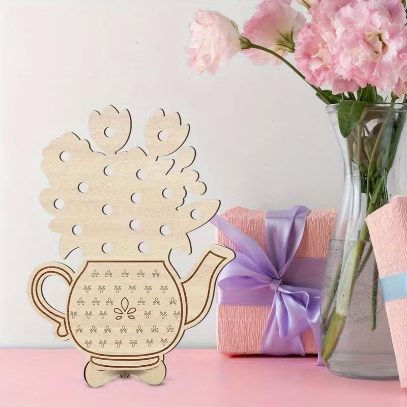 2D Flat Wooden Flower Stand with Teapot Design | DIY Craft Board & Floral Display Base | Decorative Wooden Plaque
