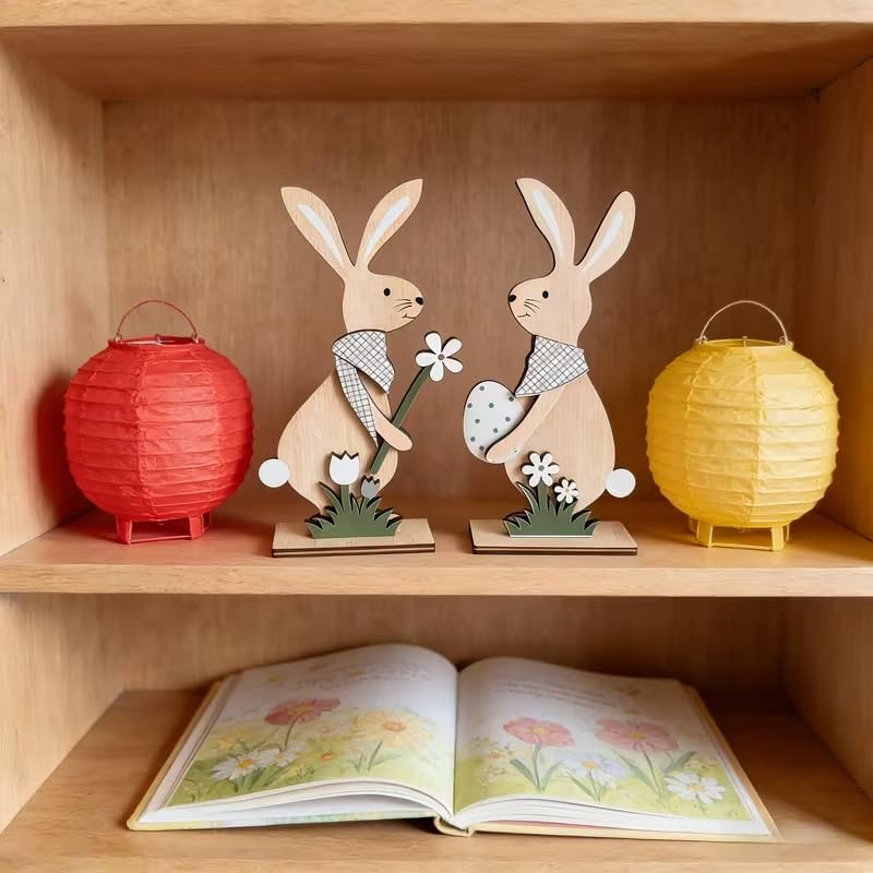 2 Pcs Easter Wooden Rabbit Plaque Decoration – Bunny & Egg Spring Table Decor