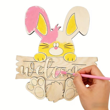 Easter Bunny Welcome Sign DIY Wooden Craft Kit – 8x6.8 Inch Unfinished Wood Painting Decor