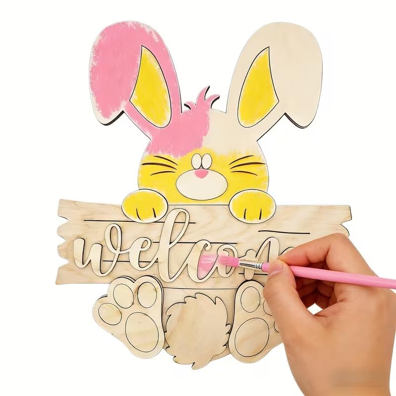 Easter Bunny Welcome Sign DIY Wooden Craft Kit – 8x6.8 Inch Unfinished Wood Painting Decor