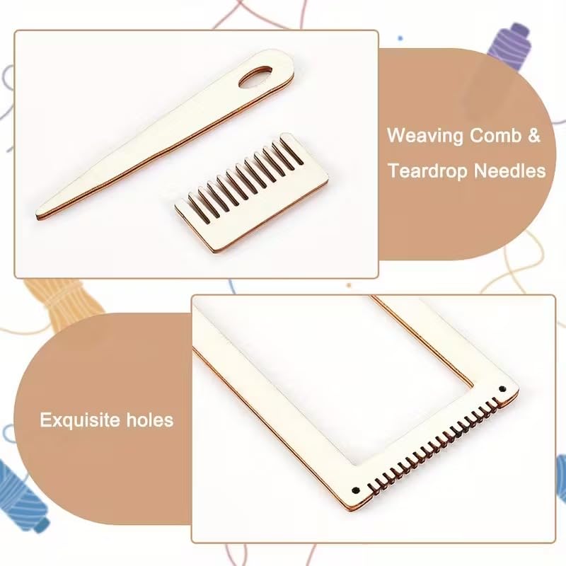 2 Sets Mini Wooden Weaving Loom Kit – Recycled Wood Frame, Light Yellow Tapestry Loom with Comb