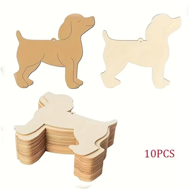 10 Pcs Wooden Dog Cutouts for Crafts | Unfinished Wood Puppy Shapes with Hanging Strings