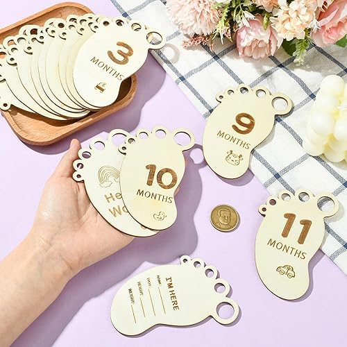 14 Pcs Wooden Baby Monthly Milestone Markers – Footprint Shaped Newborn Photo Prop