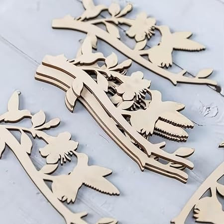 Pack of 3 Engineered Wood Hummingbird & Flower Shaped Hanging Cutouts, Unfinished Ornaments For Craft, Home Decorations Itmas Slices with Twine Hangers, Summer Garden Decorations , 3.94X1.46 Inch