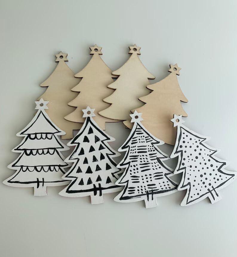 Haoser MDF Decorative Hanging orgnaments for chirtmas Craft, Unfinished Wood Cutouts Christmas Decoration DIY Crafts Wooden Christmas Tree MDF Christmas Ornaments - Haoser