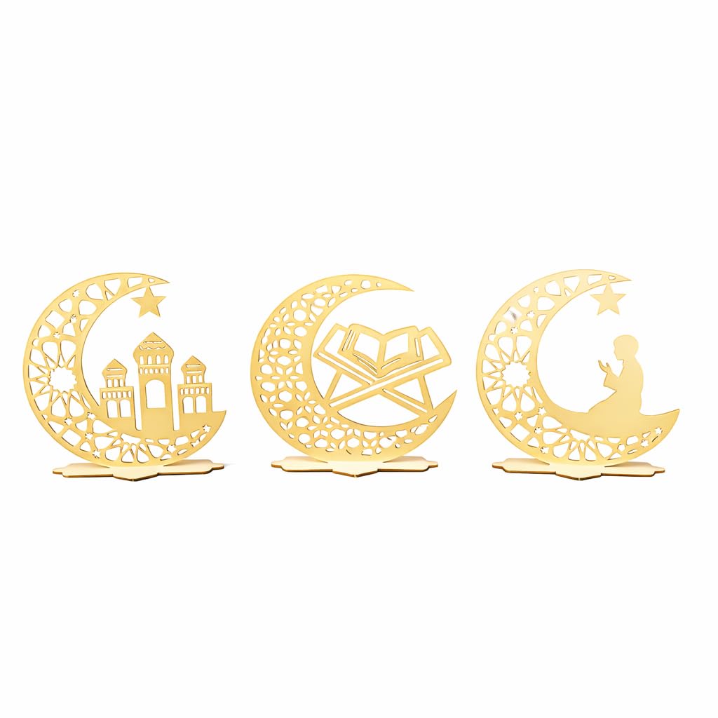 Wooden Tabletop Decor | Ramadan Eid Religious Ornaments with Mosque, Quran & Prayer Motifs | Muslim Home Holiday Decoration