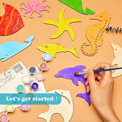 Haoser Unfinished Wood Cutouts Ocean Animals Wooden Paint Crafts for Kids Home Decor Ornament DIY Craft Art Project, Octopus, Shark, Whale, Dolphin, Seahorse, Fish Shape (Pack of 14) - Haoser