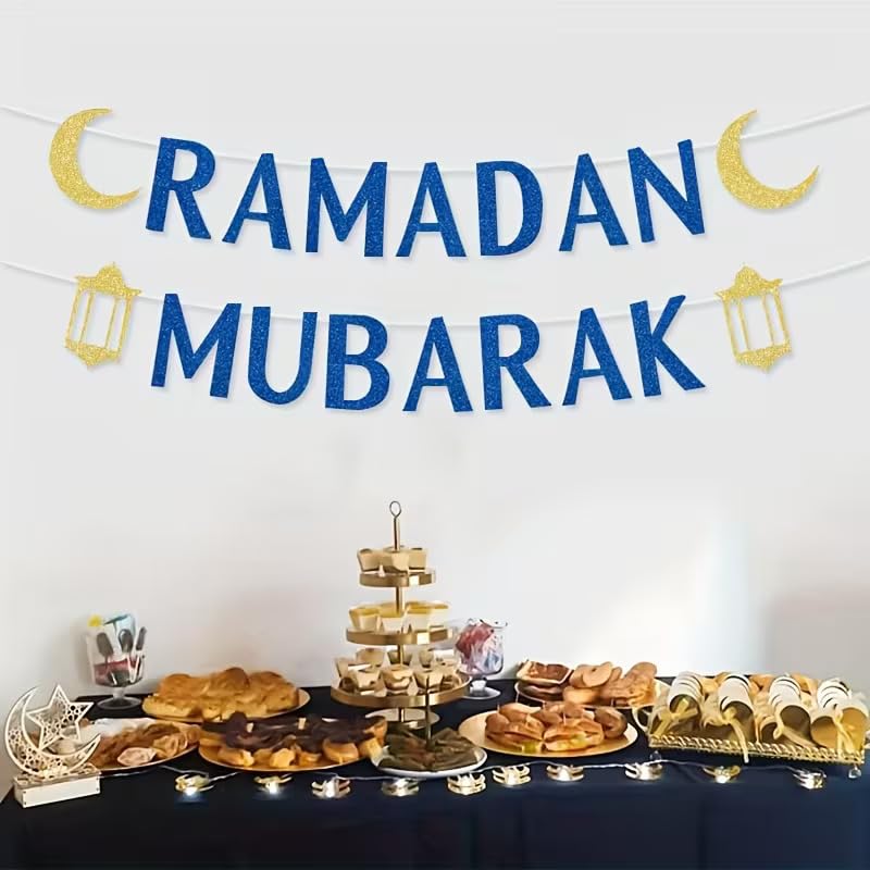Ramadan Mubarak Paper Banner with Glitter Moon & Lantern | Islamic Eid al-Fitr & Ramadan Party Decorations | English Text Hanging Banner for Muslim Home, Mosque & Iftar | Letter Height 5.91 Inch (Bule)