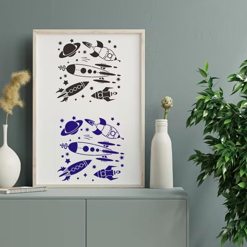 Rocket Space Painting Stencil | Reusable Craft Stencil | Rocket, Planet & Stars Template for Wall Painting