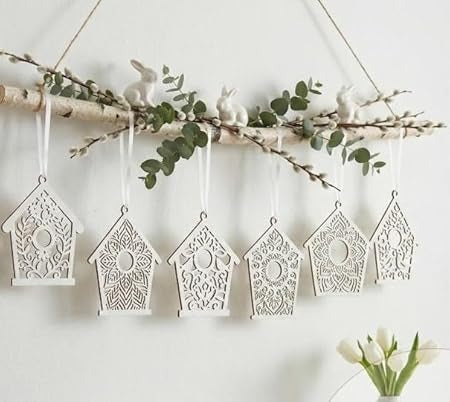 Pack of 6 Easter Tree Bird Houses SVG File Ornaments, Laser Cut Files, Wooden Home Decorations, Mandala Craft Kit - 4 Inch, (1 Pcs Each)