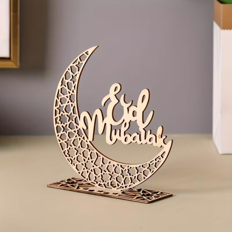 Wooden Crescent Moon Sculpture | Ramadan & Eid al-Fitr Tabletop Decor
