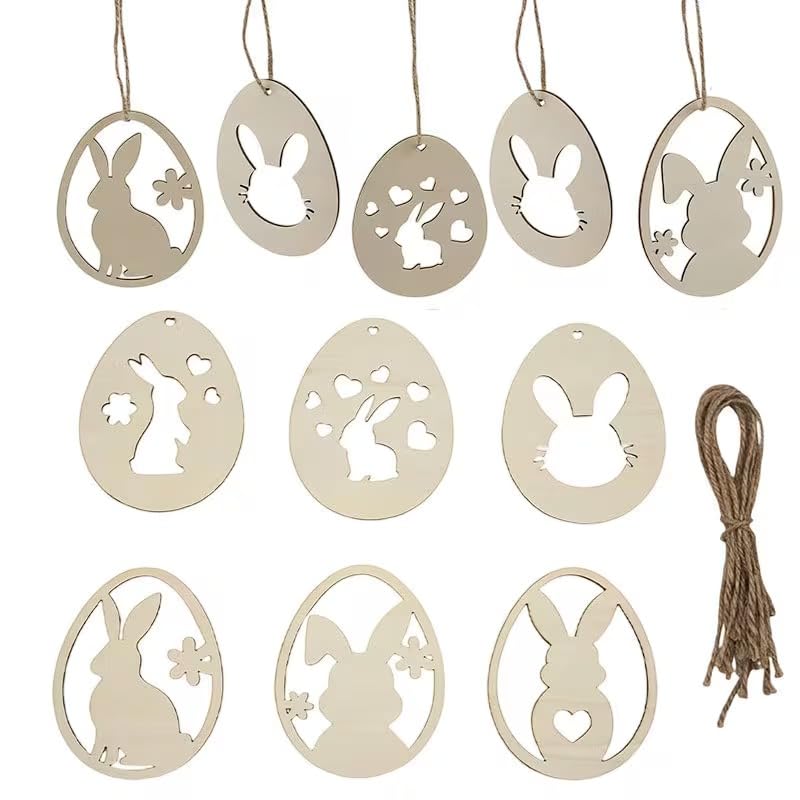 12 Pcs Wooden Easter Hanging Ornaments Set – Unfinished DIY Easter Egg & Bunny Cutouts with Hanging Rope